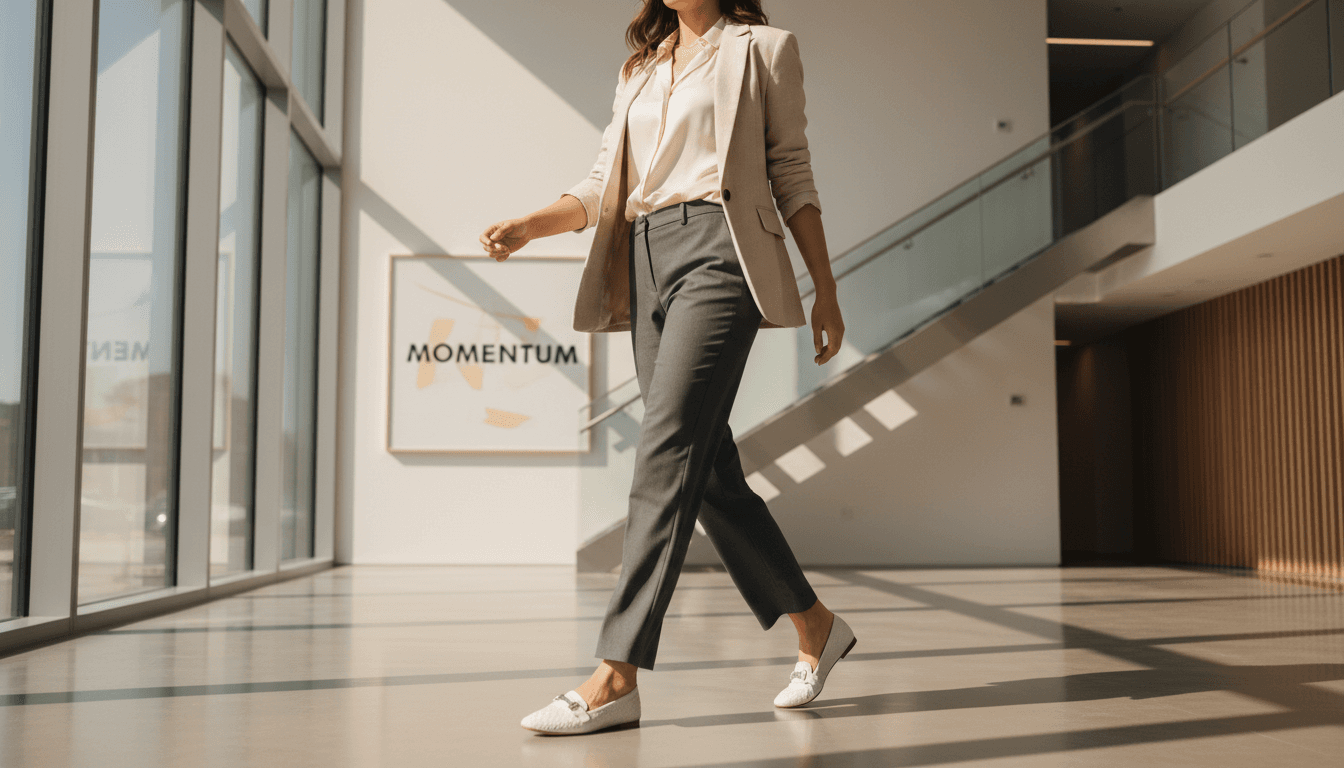 Professional woman walking through a modern building lobby