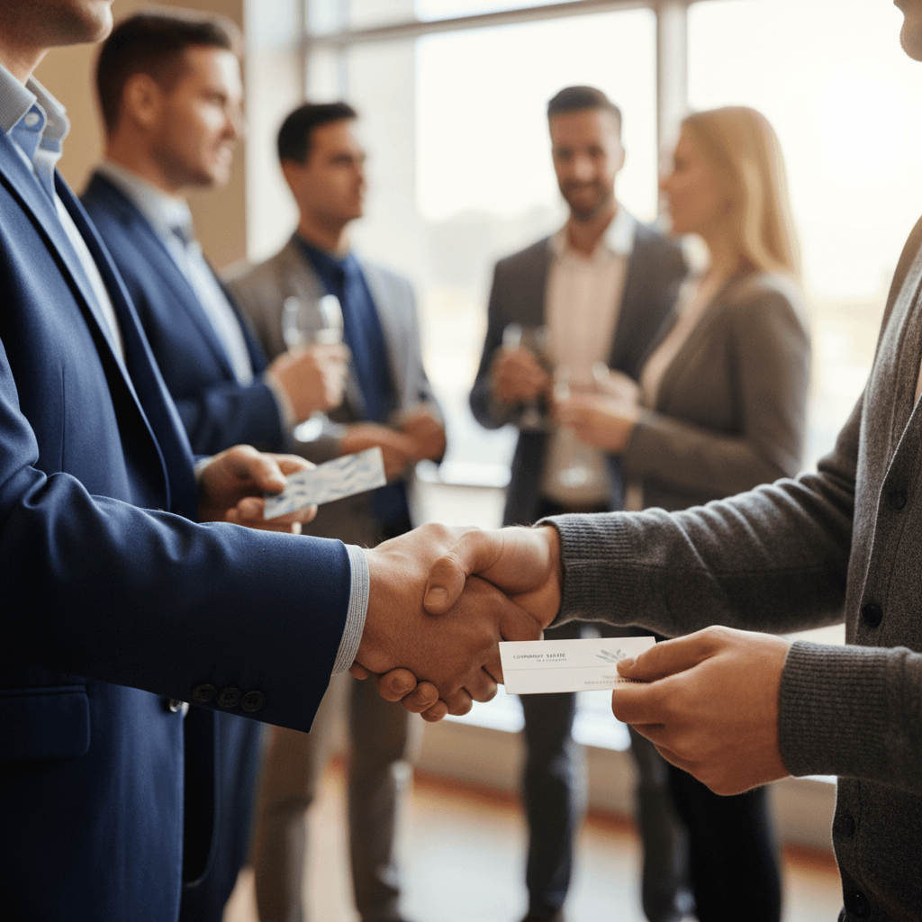 Professional networking event with diverse professionals shaking hands