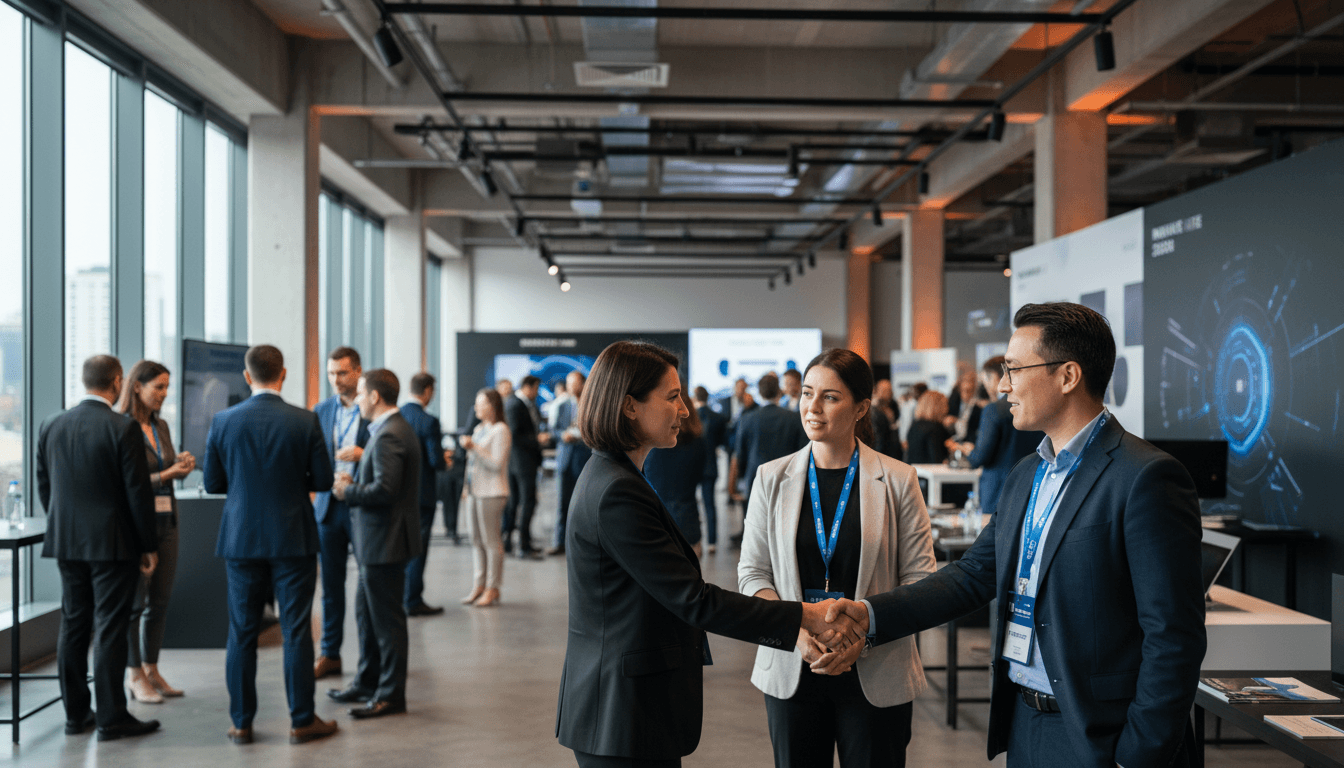 Professionals networking and shaking hands at a conference event