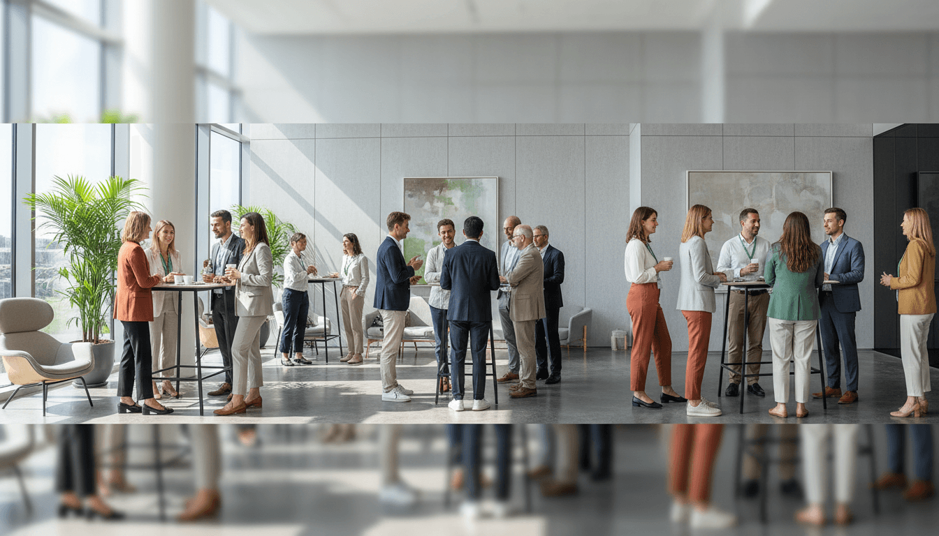 Professionals engaging in conversation at a Discover FM networking event