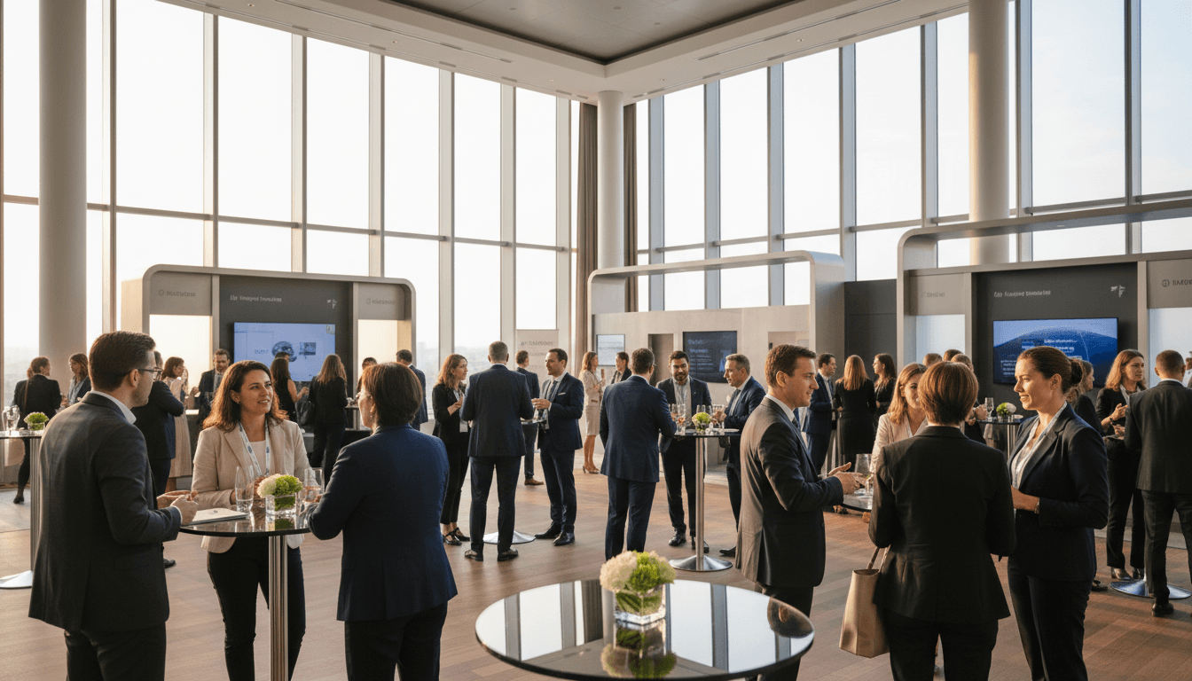 Professionals networking and talking at a career event